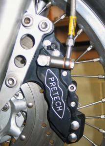 Pretech six pot caliper mounted on a Honda CB750 four.